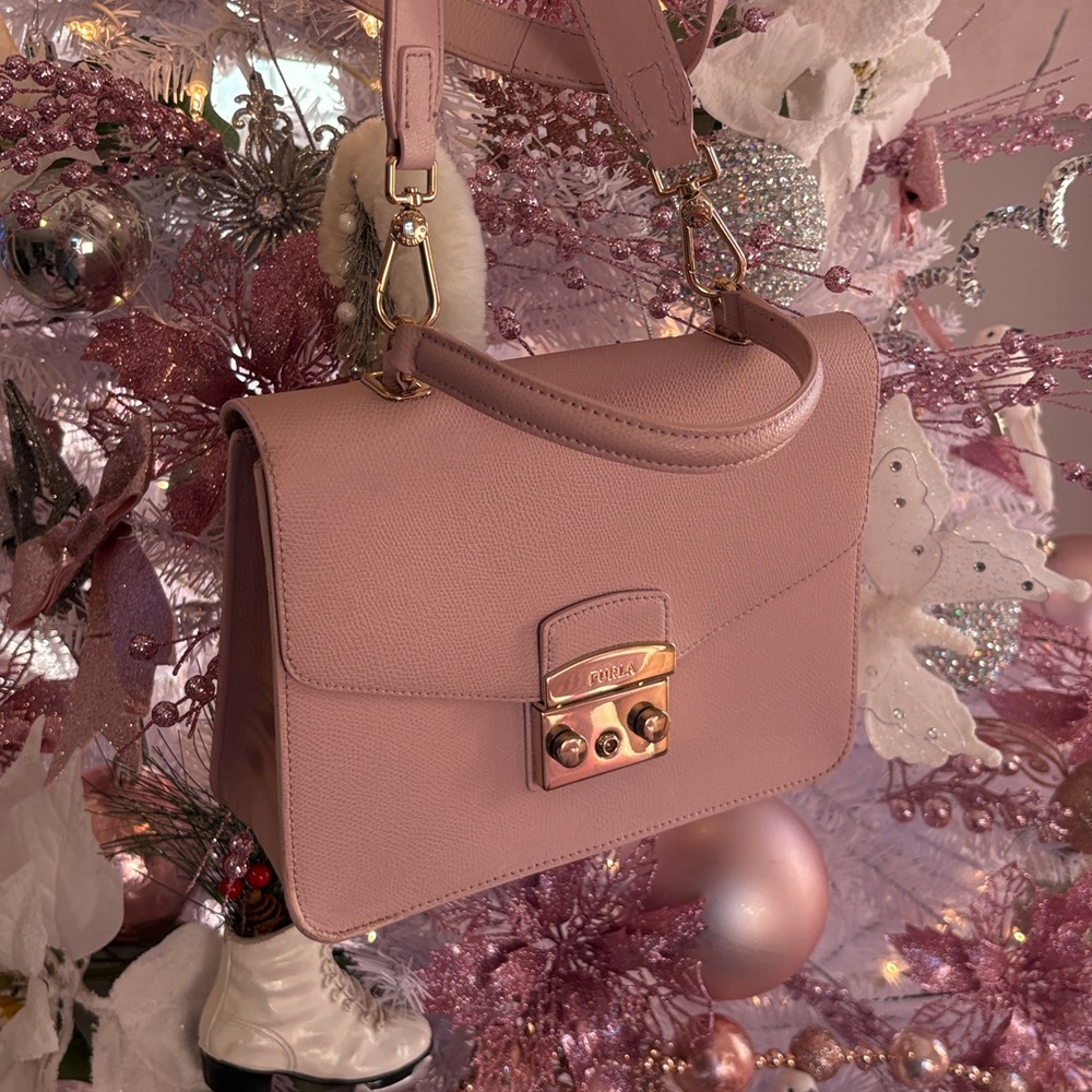 Furla soft Pink Crossbody Bag with Gold Accents.
